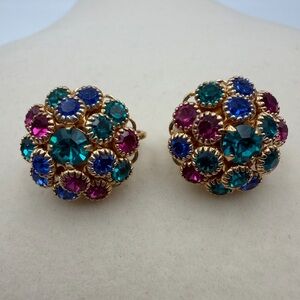 Estate Gold-Tone Earrings with Blue and Pink Crystals